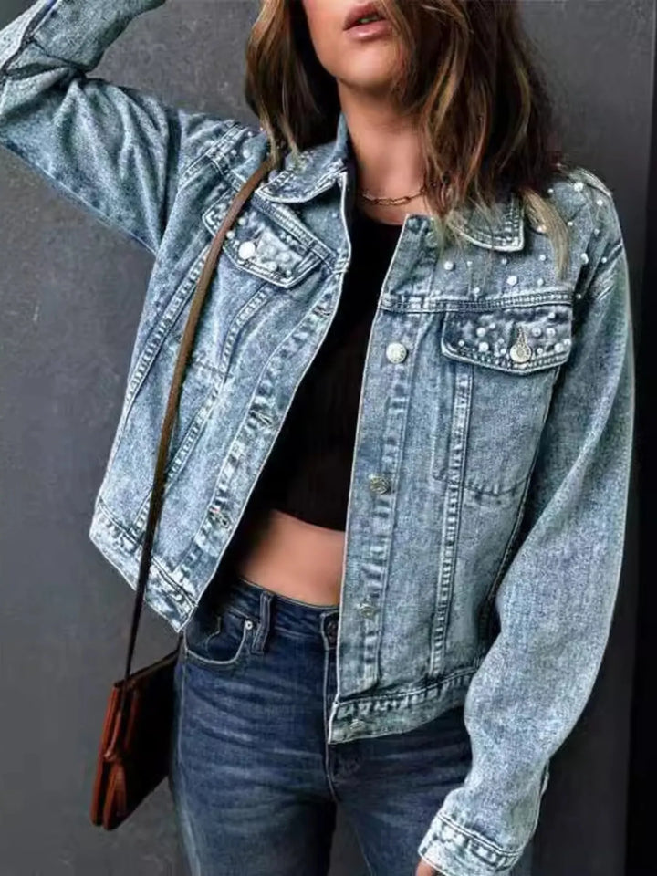 Pearl-detail button-up long sleeve denim jacket