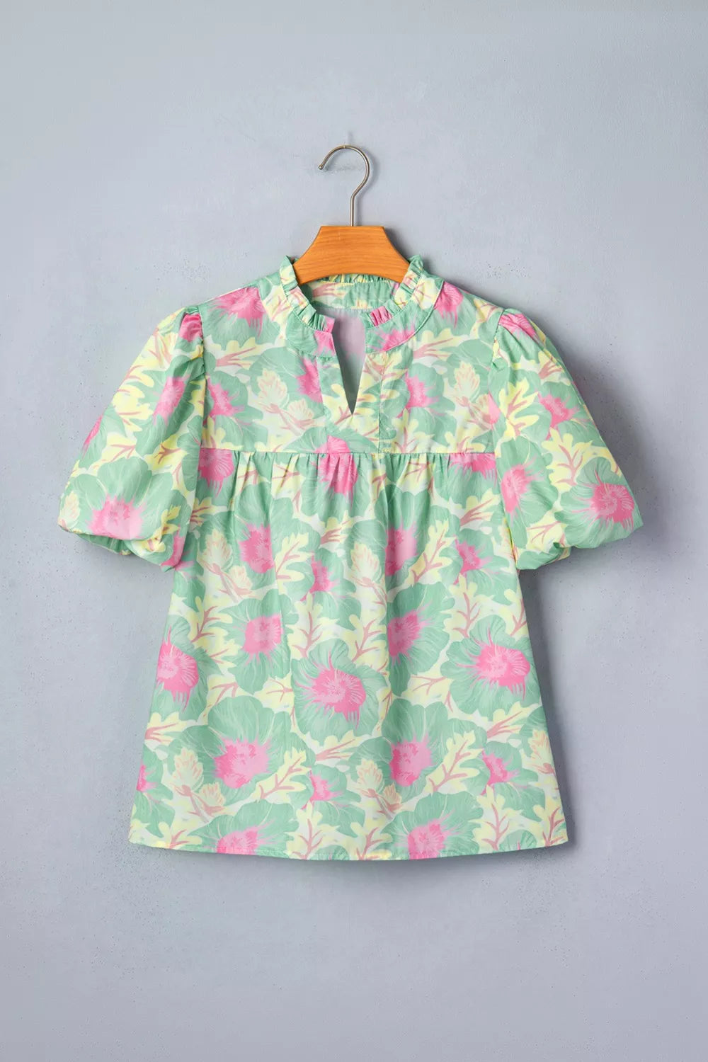 Floral print puff sleeve blouse with split neck
