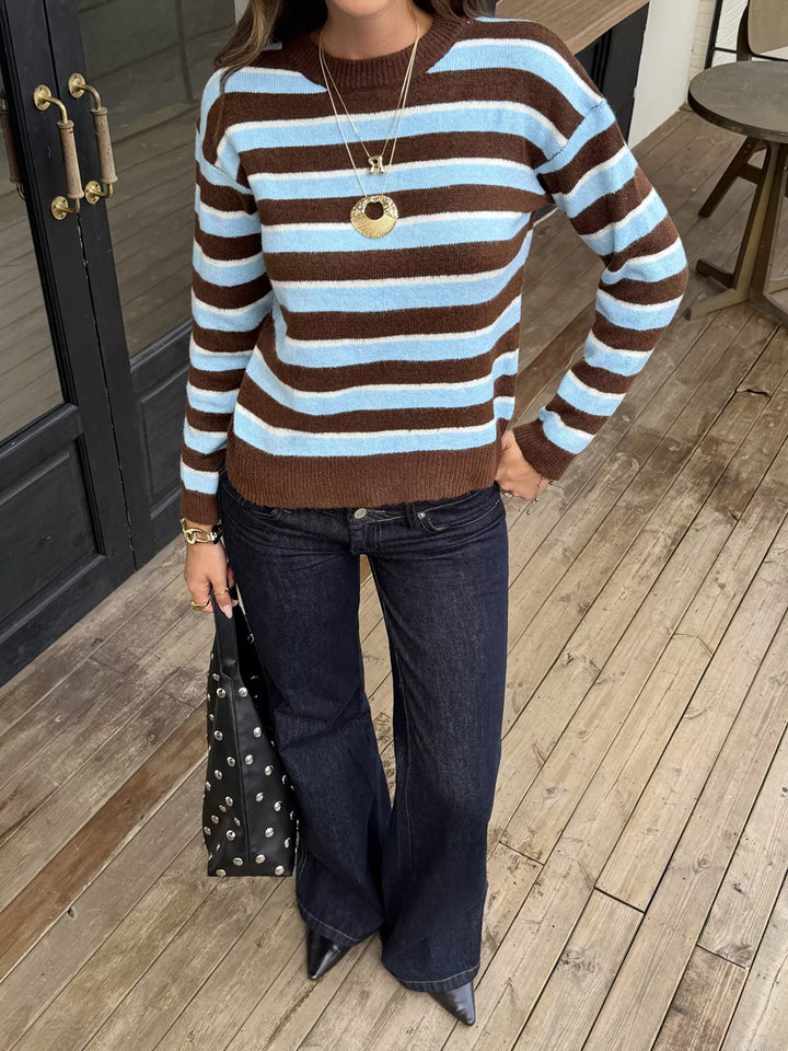 Striped crew neck pullover sweater with drop shoulders
