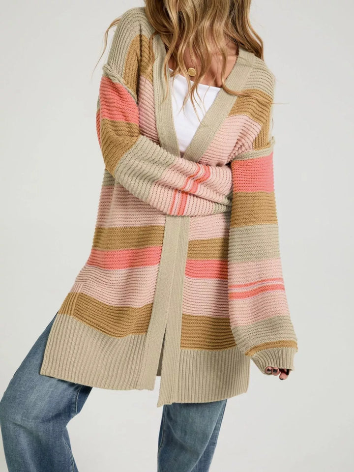 Striped color block open front longline cardigan