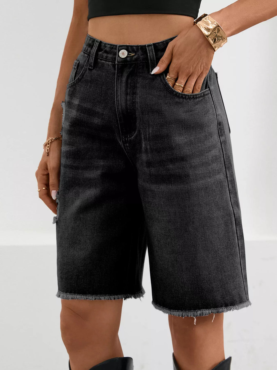 Distressed high-rise denim bermuda shorts with frayed hem