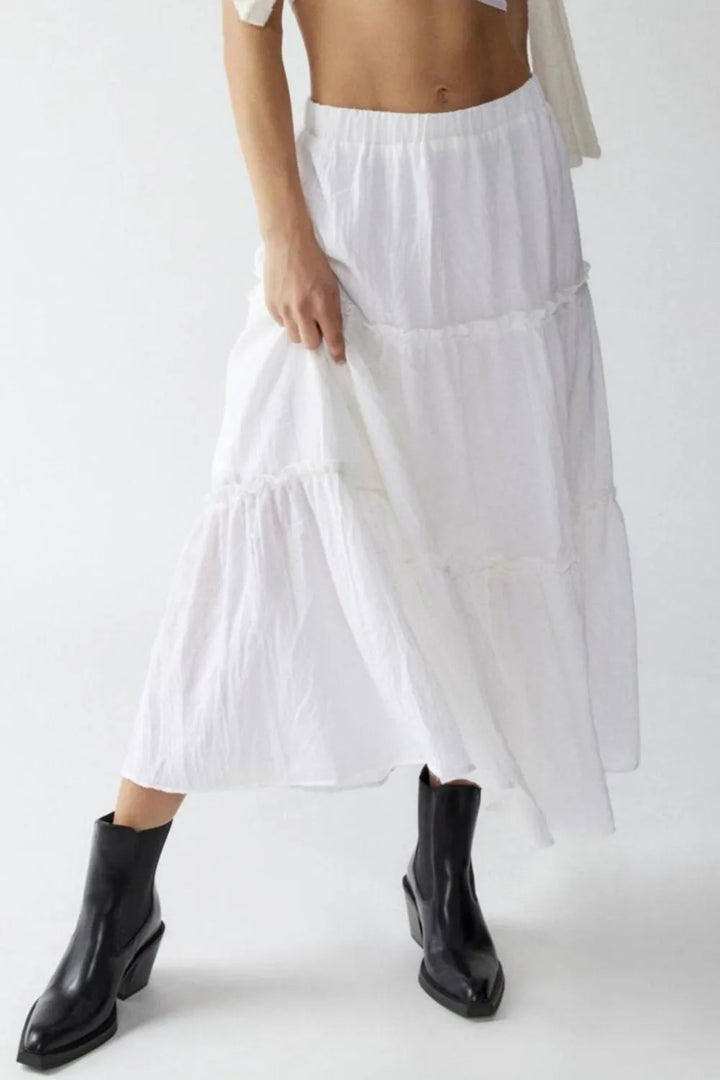 White Tiered frill maxi skirt with elastic waist