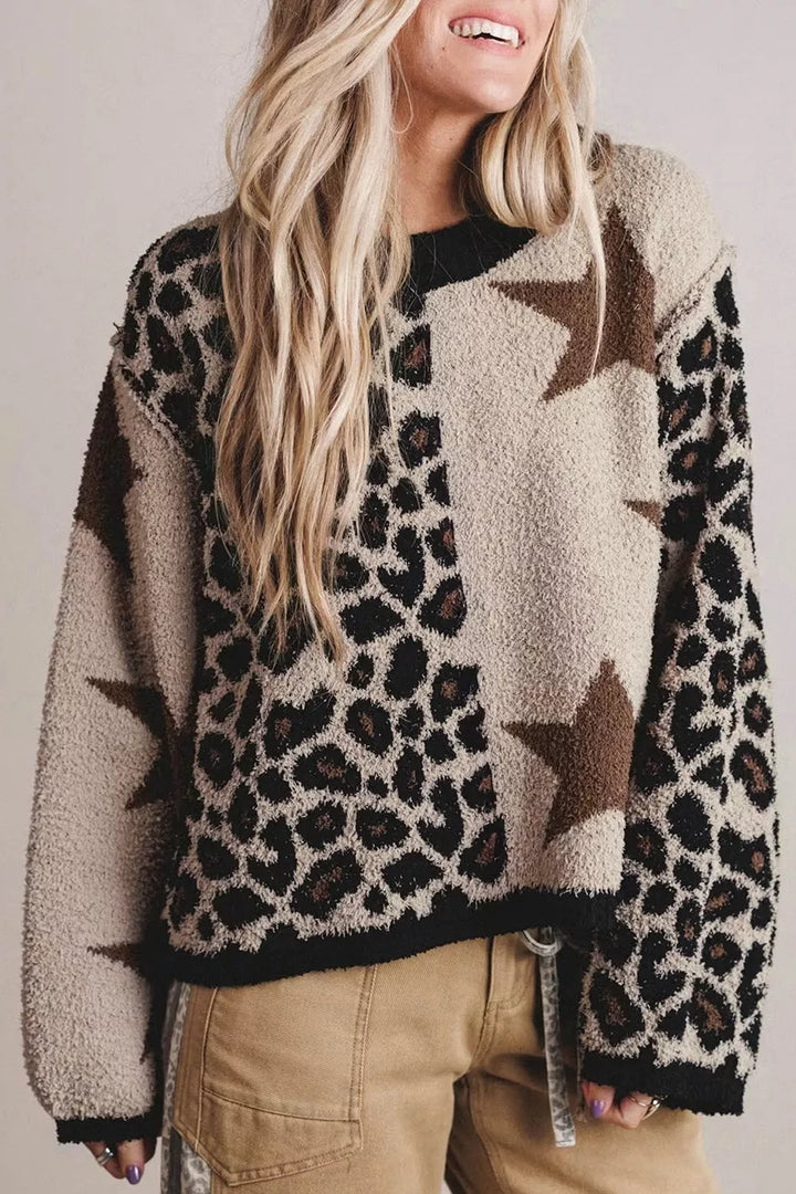 Mocha Leopard and star colorblock fuzzy knit pullover sweater