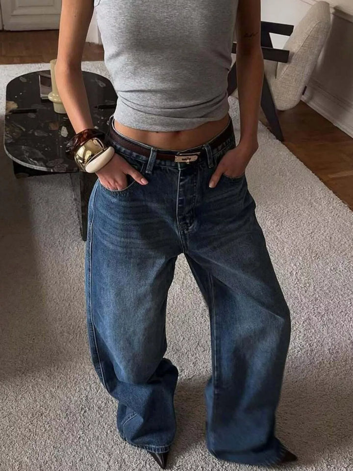 Wide leg high rise jeans with floor-skimming hem