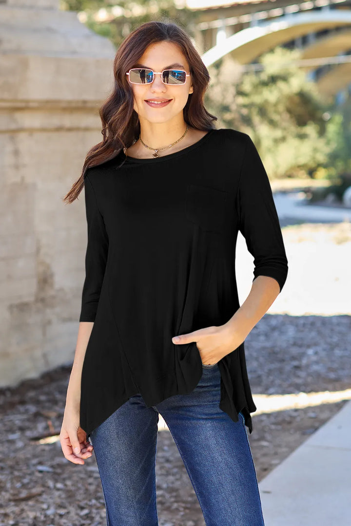 Black Pocketed 3/4 sleeve top with asymmetrical hem