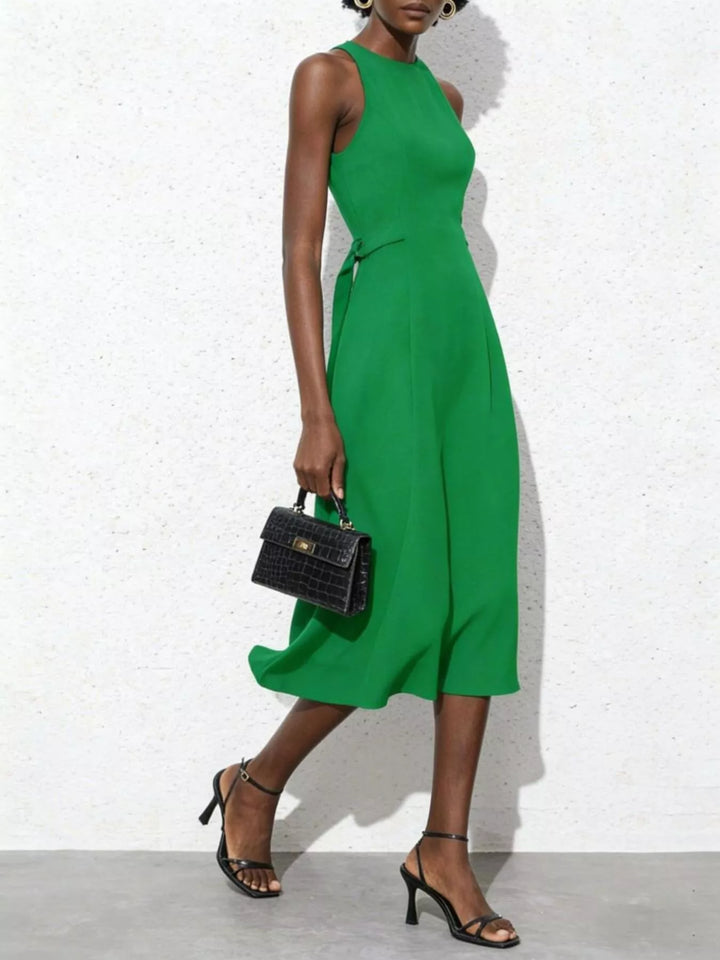 Sleeveless tie-waist midi dress with A-line skirt