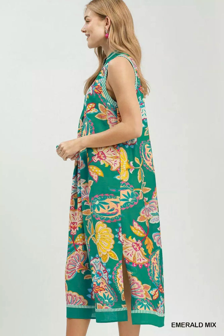 Paisley floral sleeveless midi dress with side pockets
