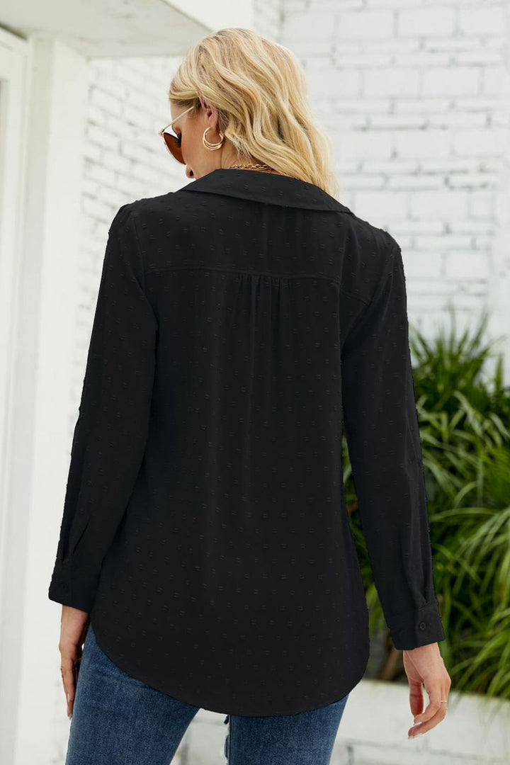 Swiss dot Johnny collar blouse with roll-tab long sleeves