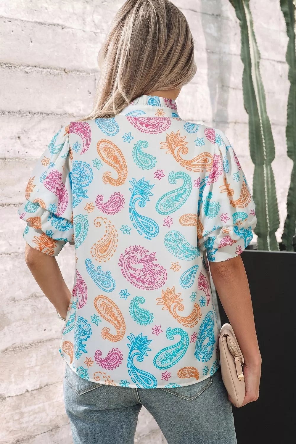Paisley print keyhole blouse with ruffle neck and puff sleeves