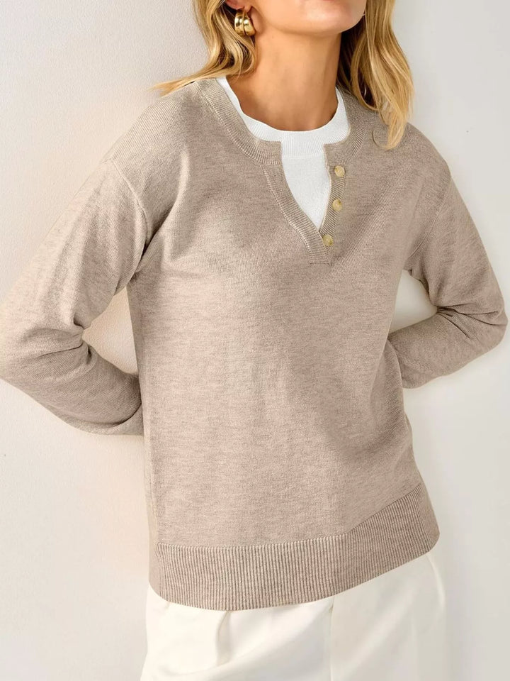 Notch neck button-trim drop shoulder sweater
