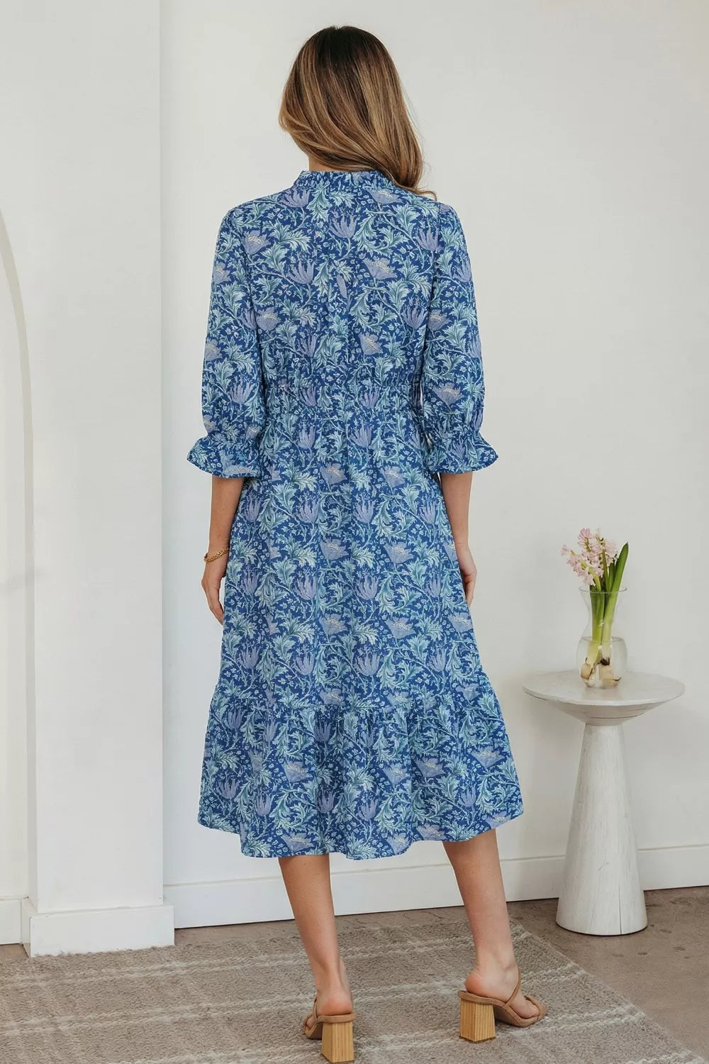 Floral tiered midi dress with frilled bracelet sleeves