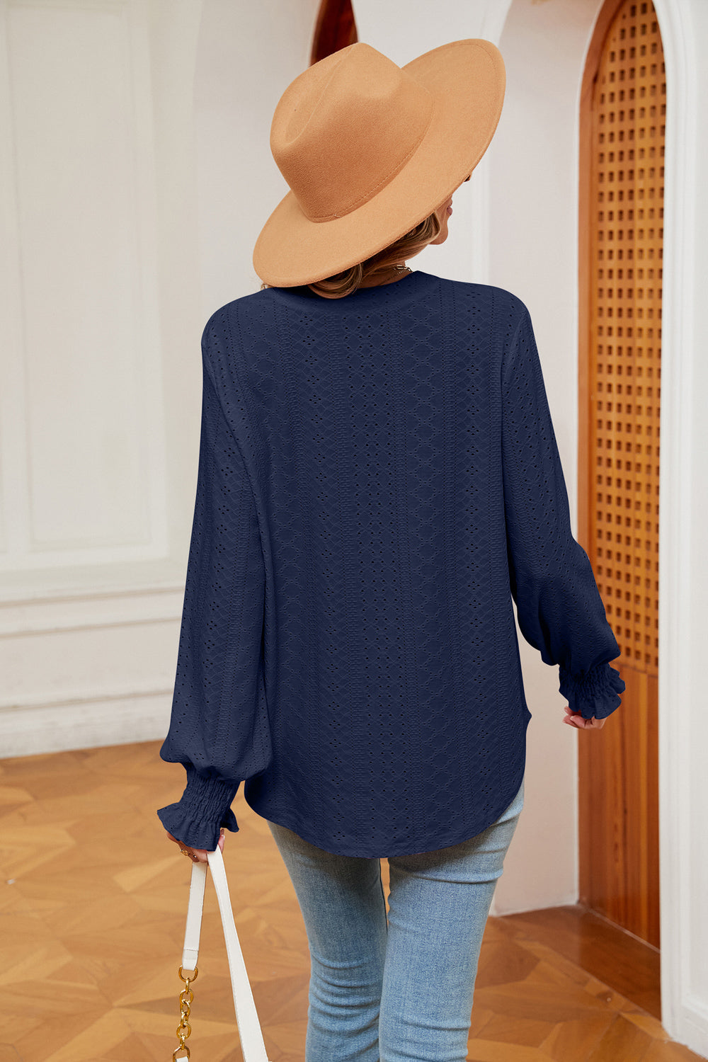 Eyelet notched-neck blouse with flounce sleeves