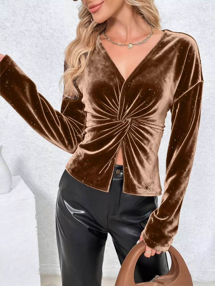 Velvet twist-front V-neck long sleeve top