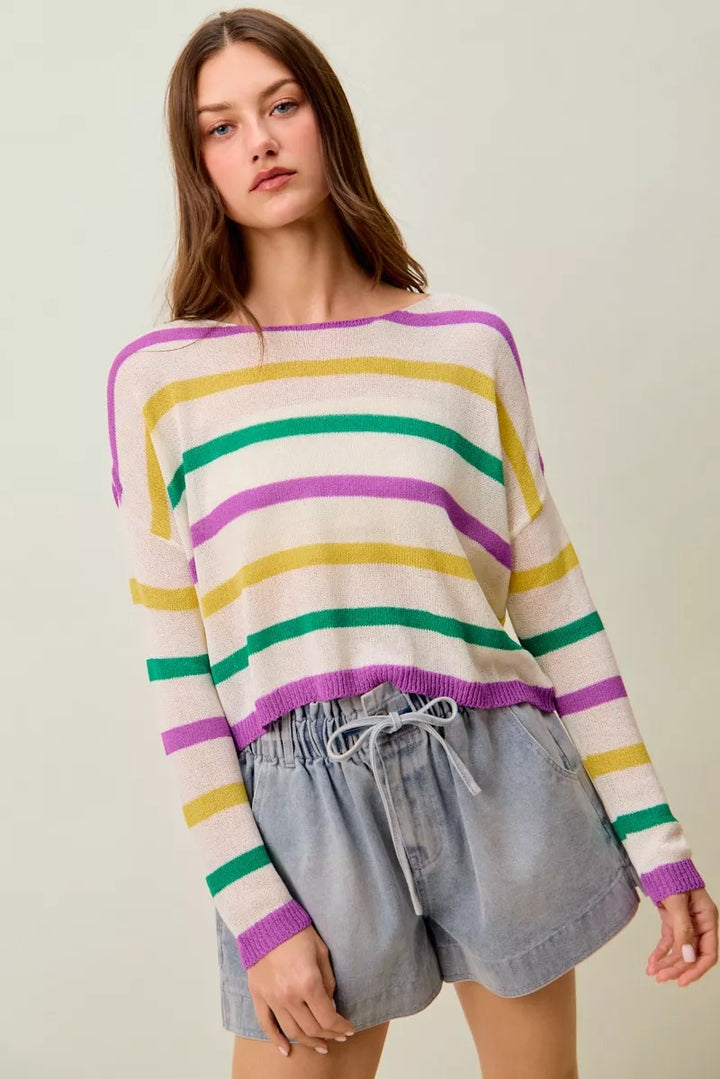 IVORY COMBO Color stripe lightweight knit sweater with boat neck