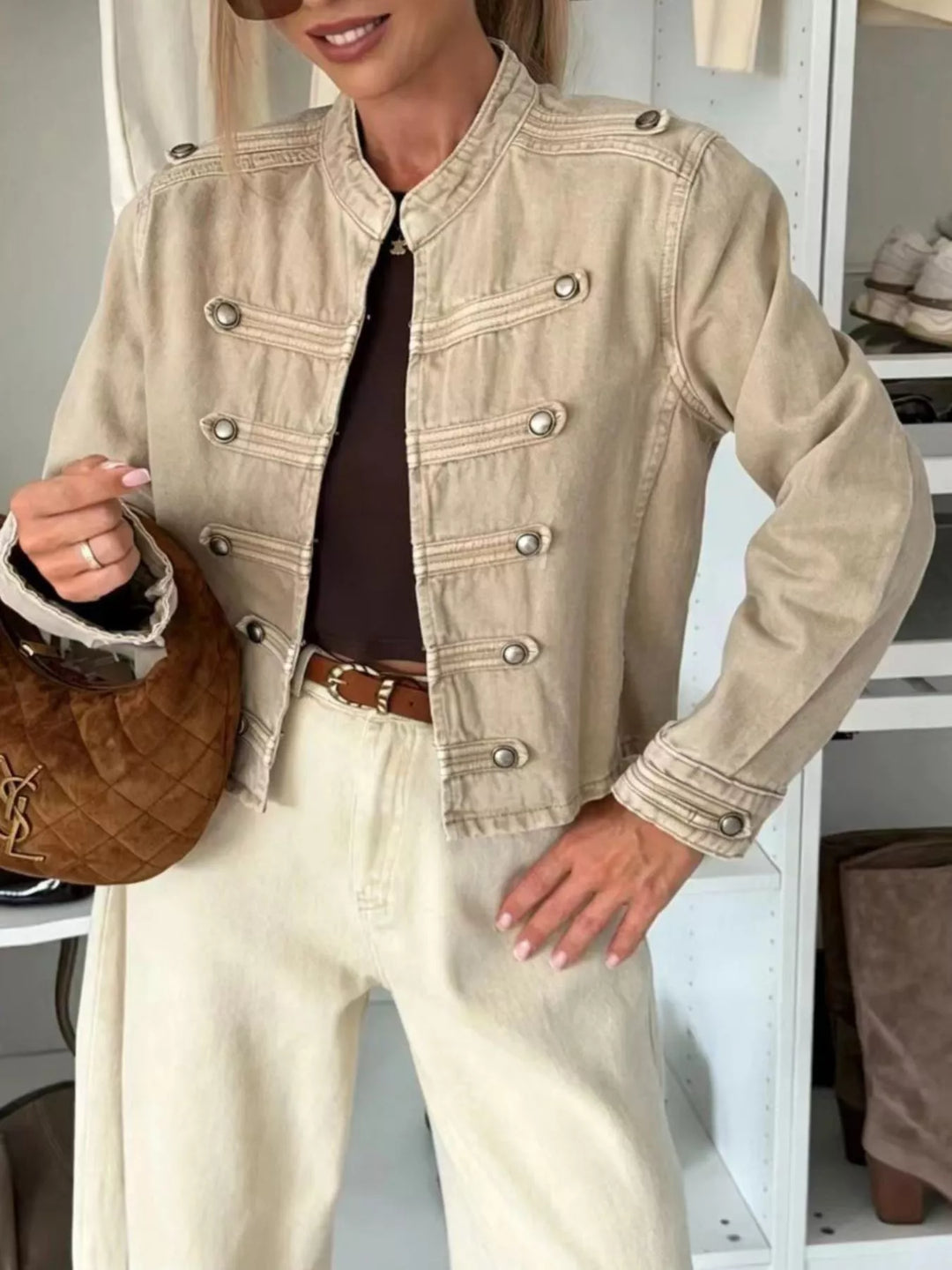 Beige Cropped denim military jacket with dome buttons