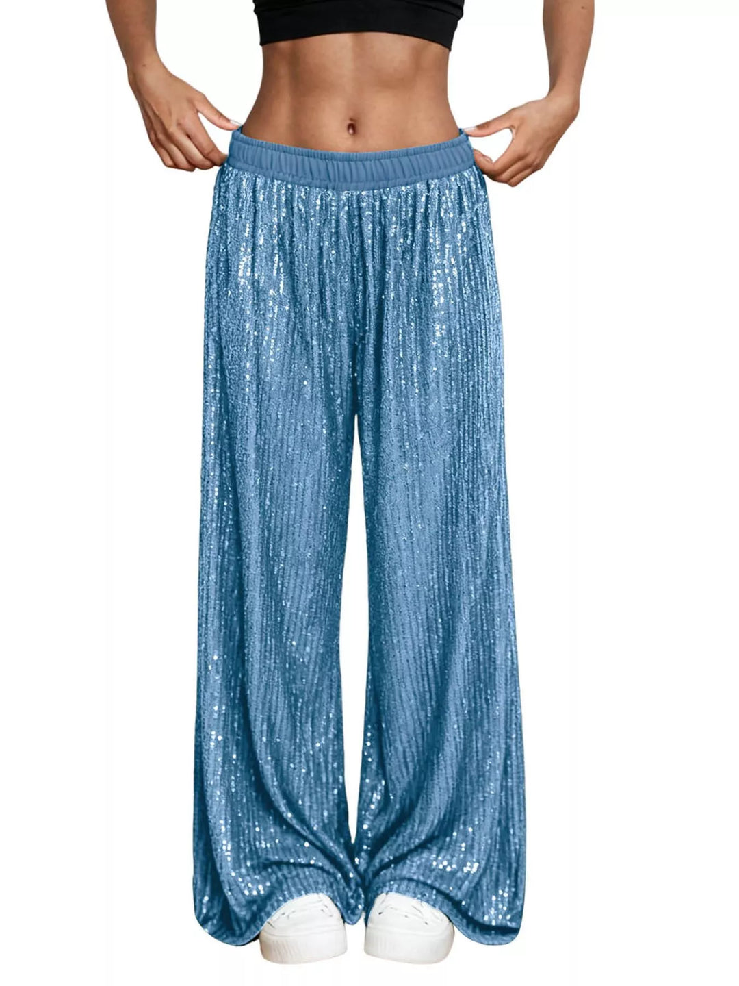 Sky Blue All-over sequin wide-leg pants with elastic waist
