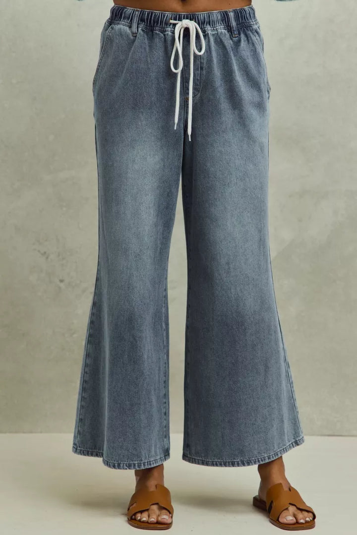 DENIM Pull-on mid-rise flare denim jeans with drawstring waist