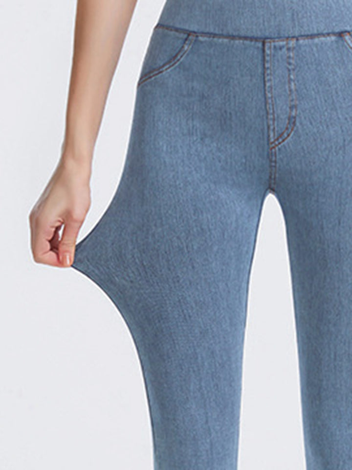 High-waist denim-look sports leggings with faux pockets