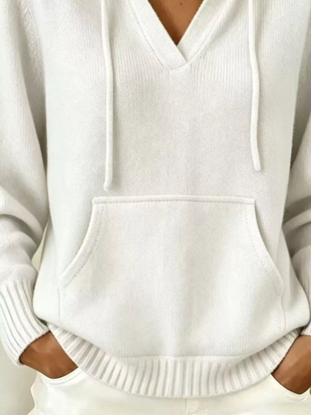Drawstring hooded knit pullover with kangaroo pocket