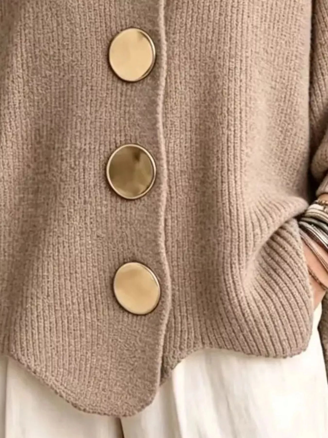 Oversized gold button ribbed knit collared cardigan