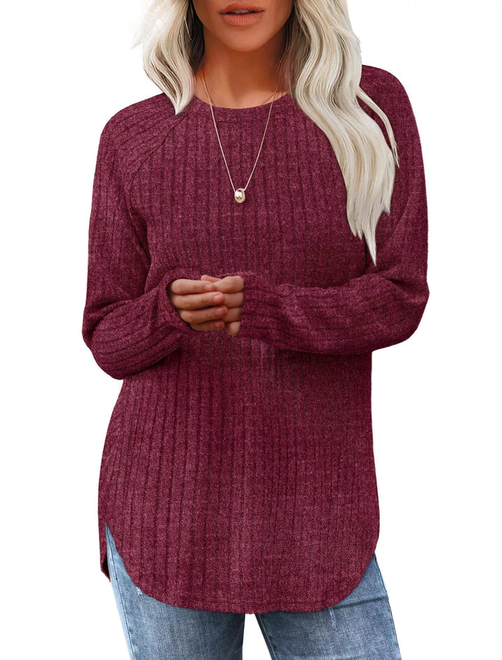 Rust Ribbed knit crew neck long sleeve top with curved hem