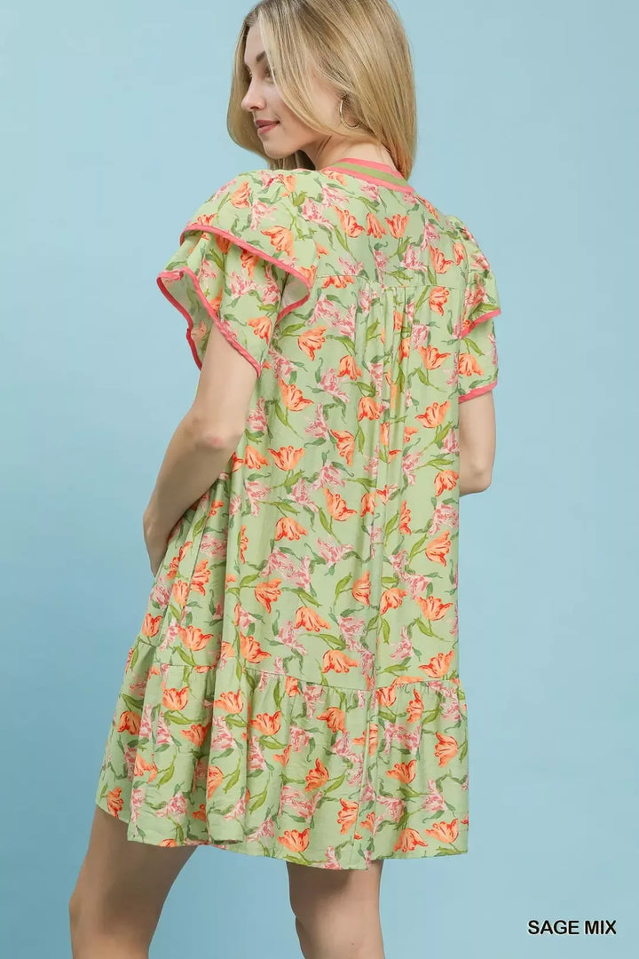 Floral tiered mini dress with flutter sleeves and split V-neck