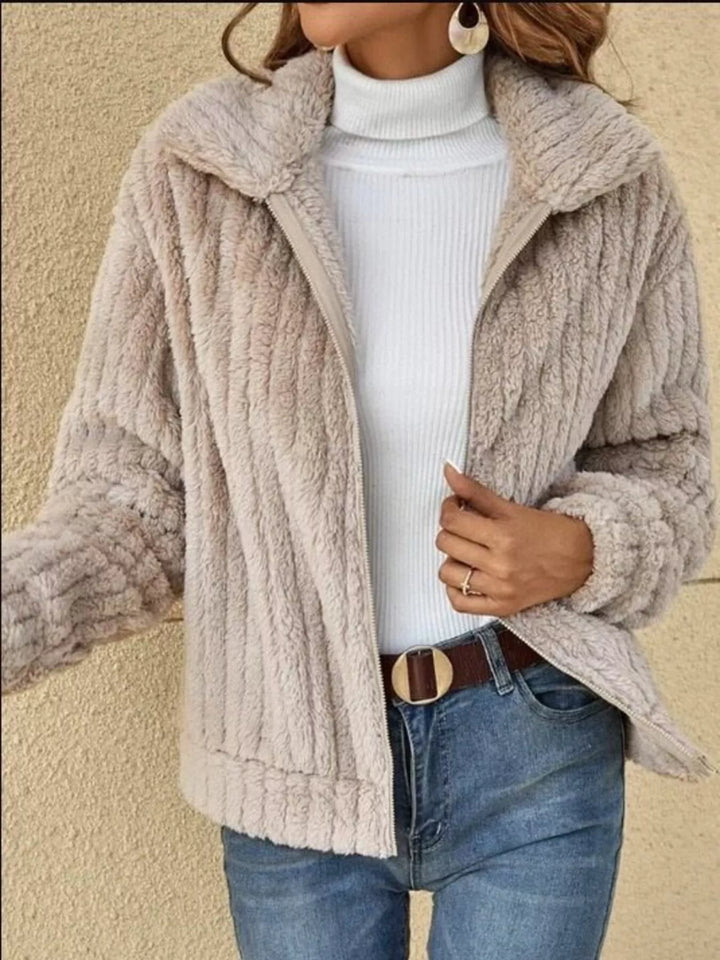 Textured fleece zip-up jacket with fold-over collar