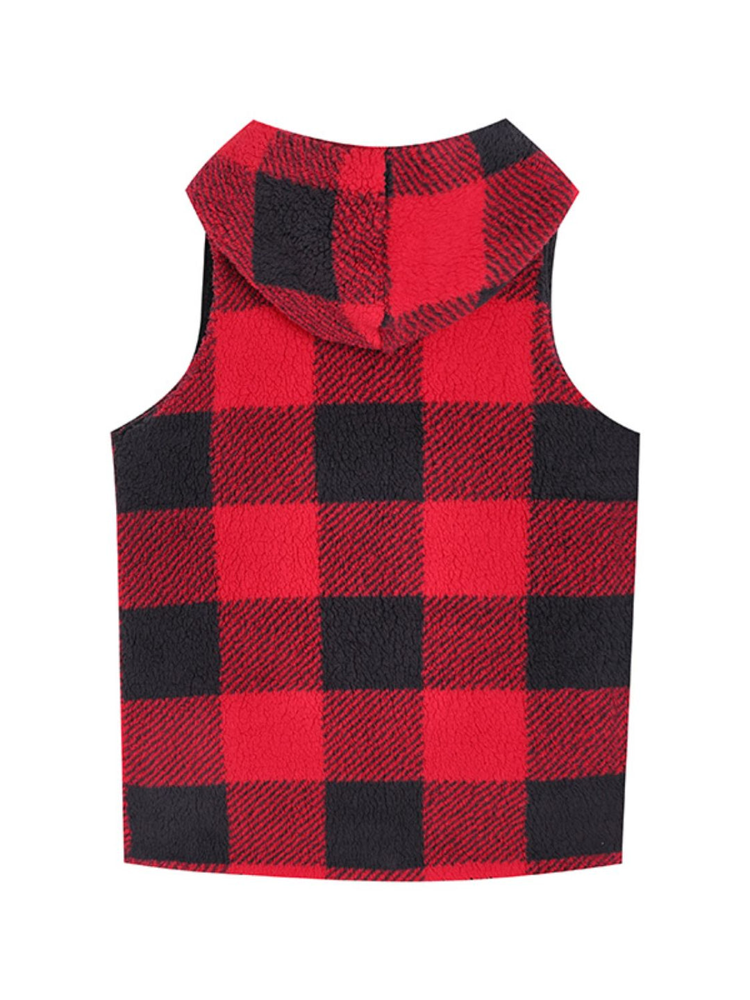 Buffalo plaid sherpa hooded vest with patch pockets