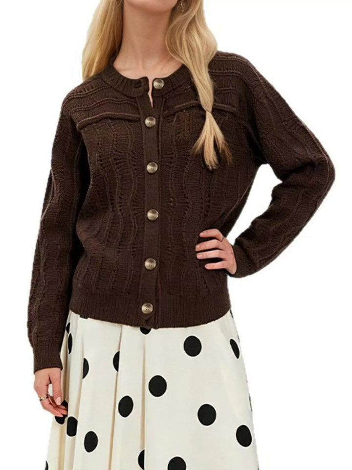 Openwork pointelle knit button-down cardigan
