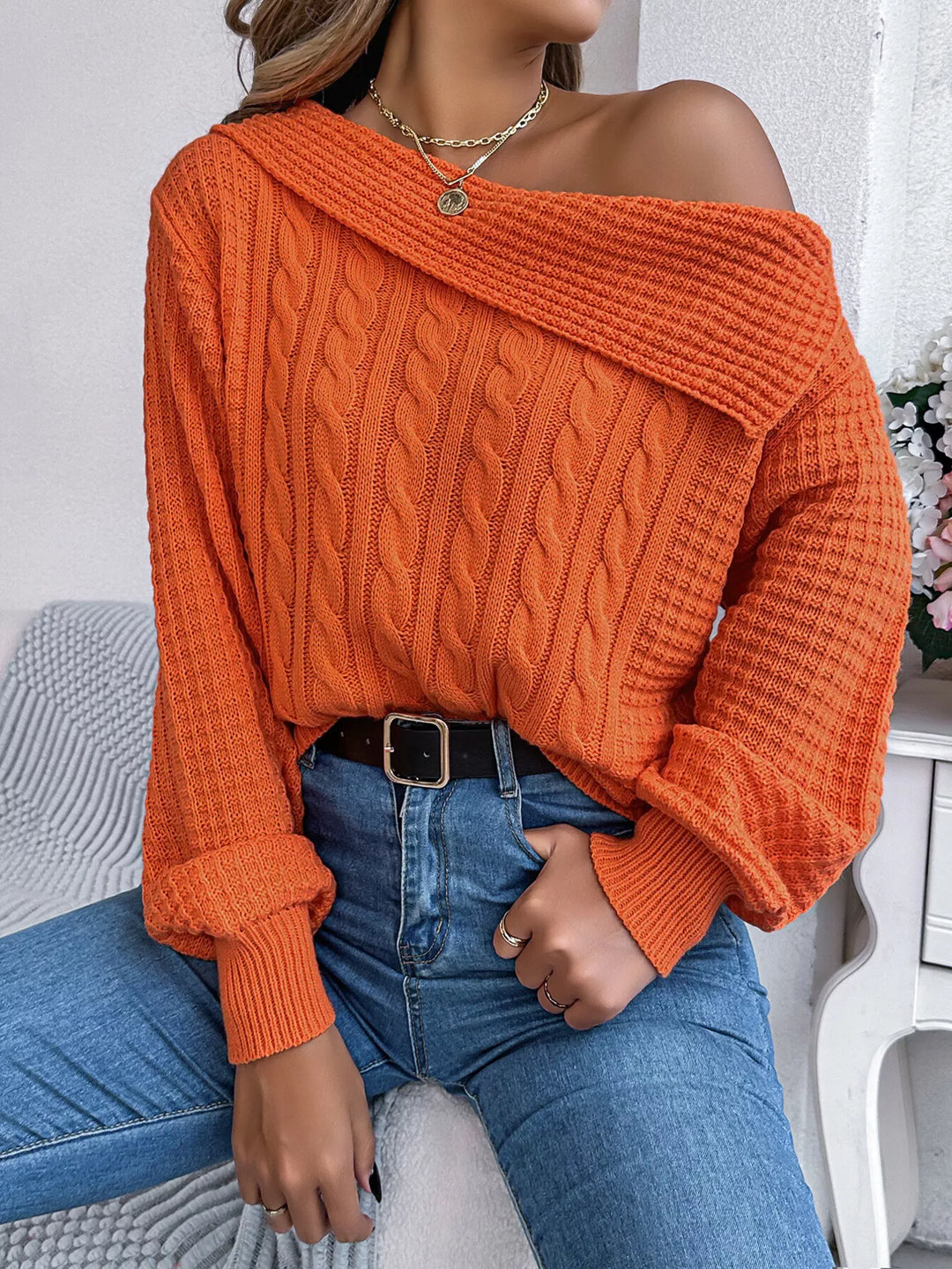 Orange Cable knit one-shoulder sweater with fold-over ribbed collar