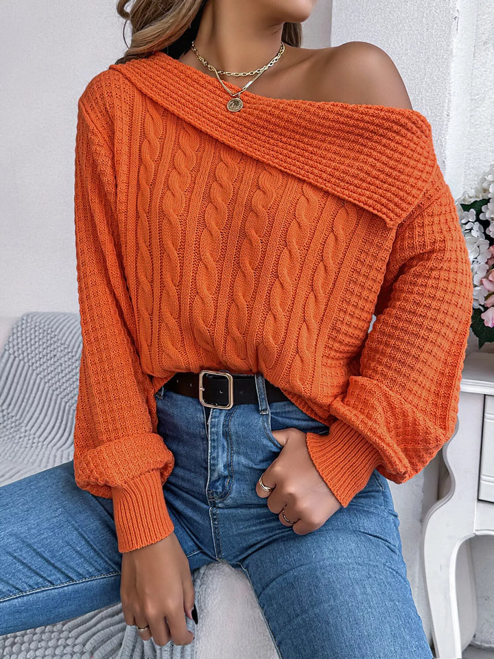 Orange Cable knit one-shoulder sweater with fold-over ribbed collar