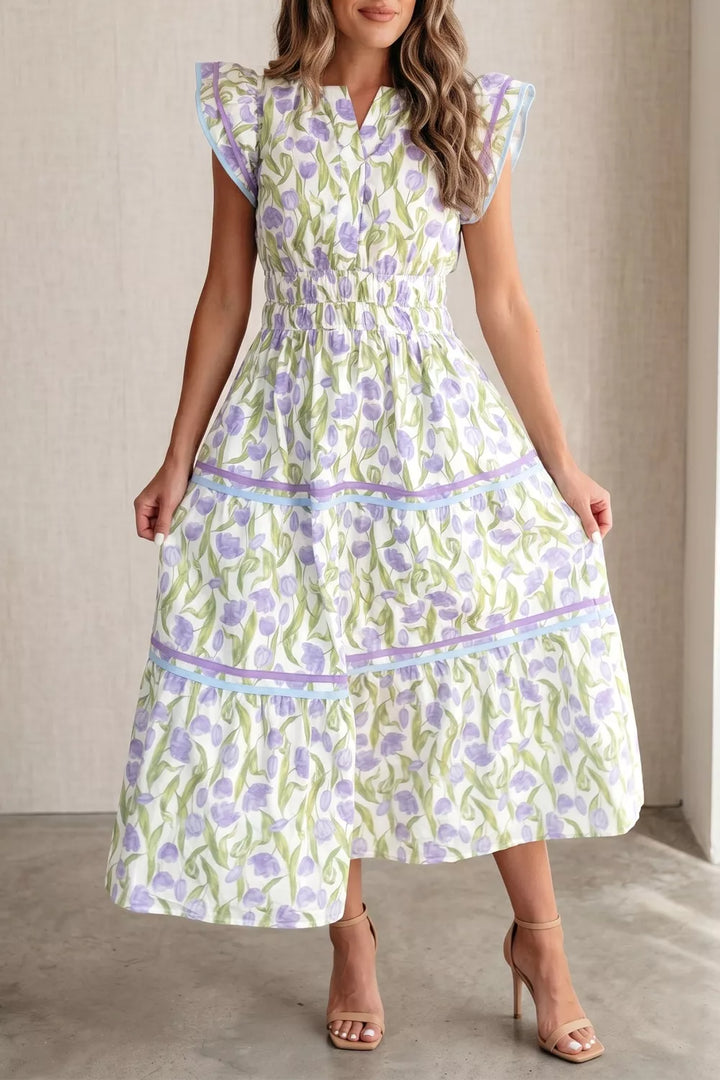 Floral Tiered floral print midi dress with flutter sleeves and contrast trim
