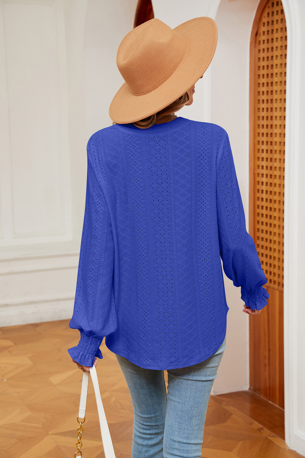 Eyelet notched-neck blouse with flounce sleeves