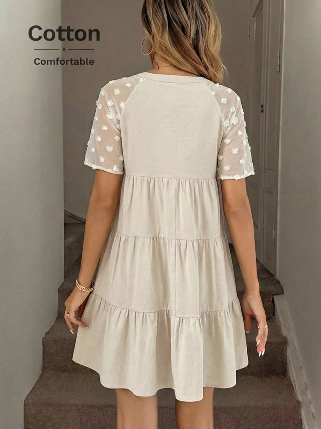 Swiss dot short-sleeve tiered cotton mini dress