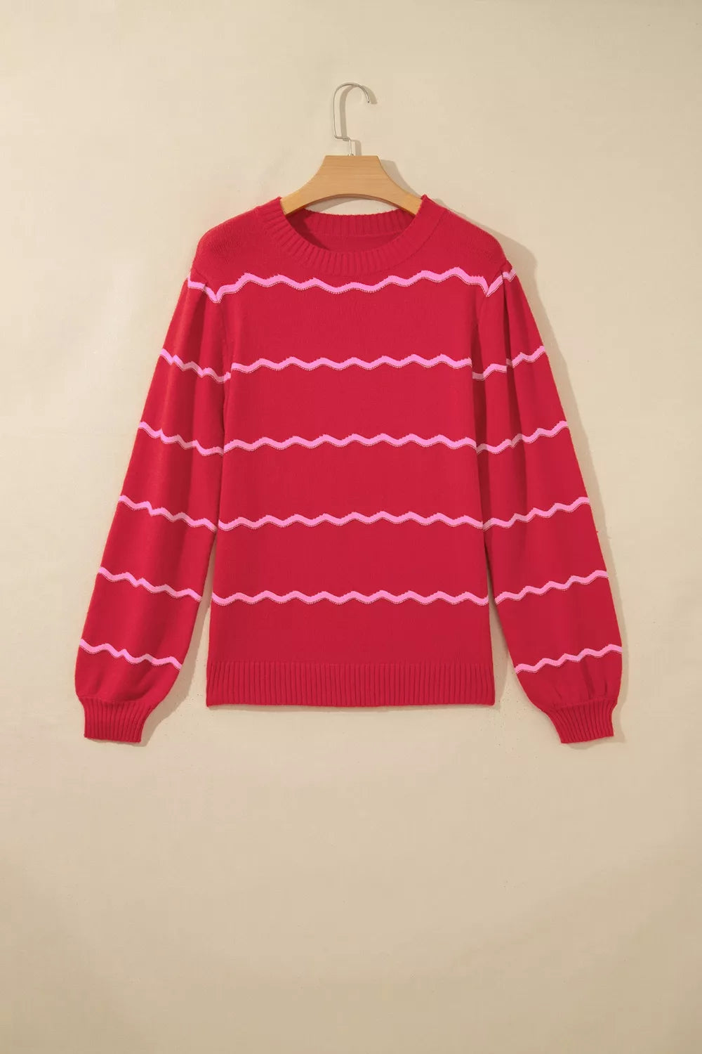 Wavy contrast stripe crew neck knit pullover sweater