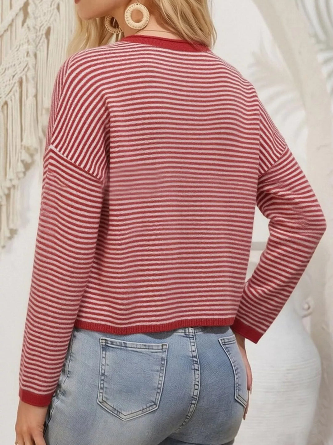 Striped button-front knit cardigan with drop shoulders