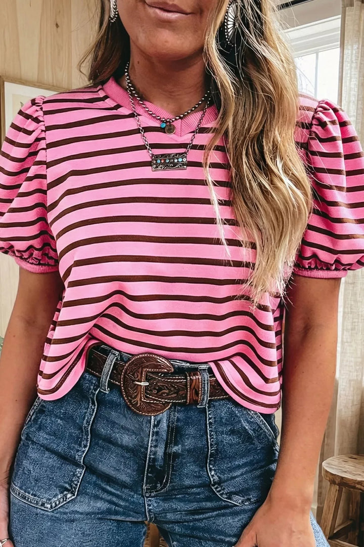 Fuchsia Pink Striped puff sleeve top with ribbed V-neck collar