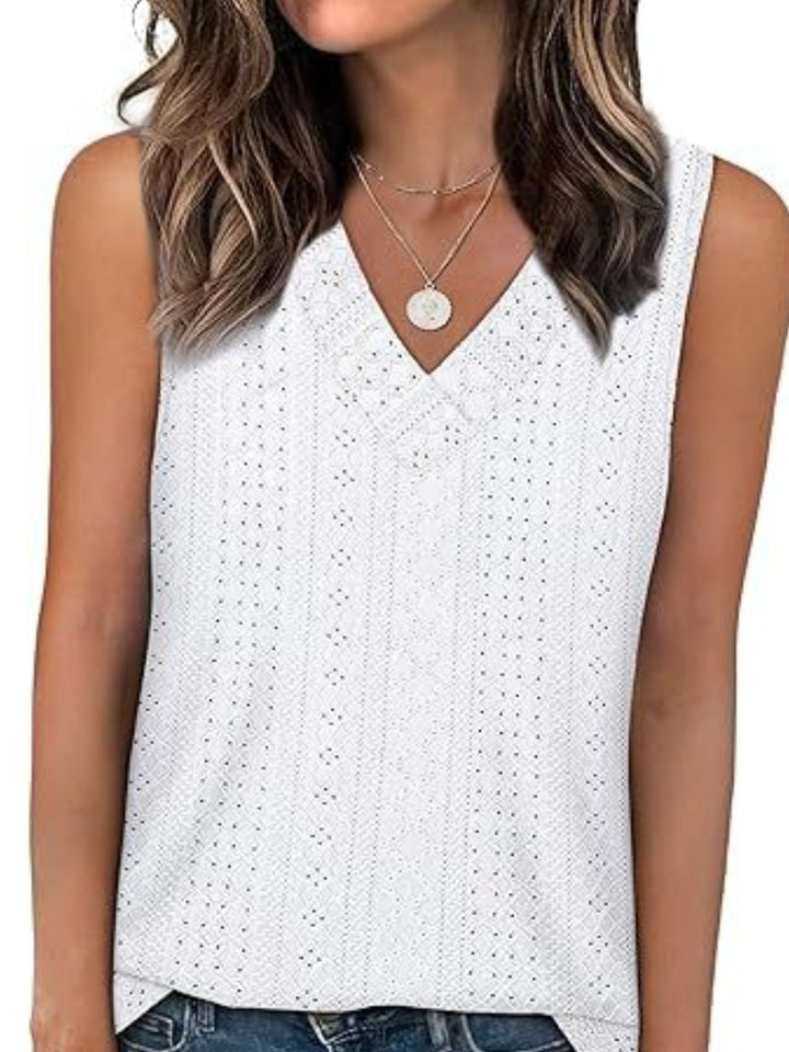 White Eyelet V-neck sleeveless tank with diamond texture