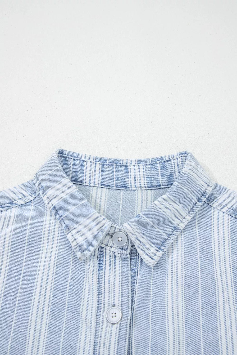 Striped denim shacket with chest pockets and raw hem