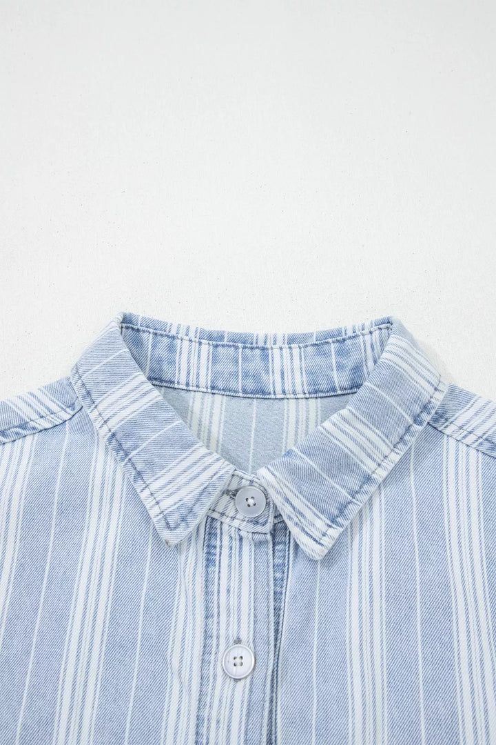 Striped denim shacket with chest pockets and raw hem