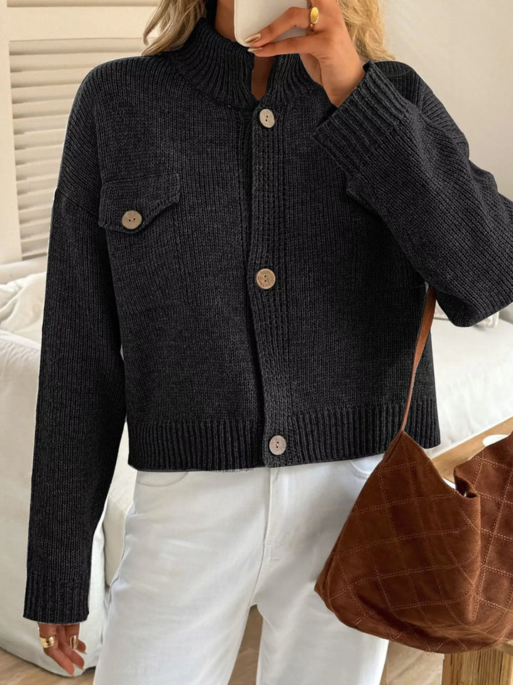 Black Chunky knit button-front cardigan with chest flap pocket