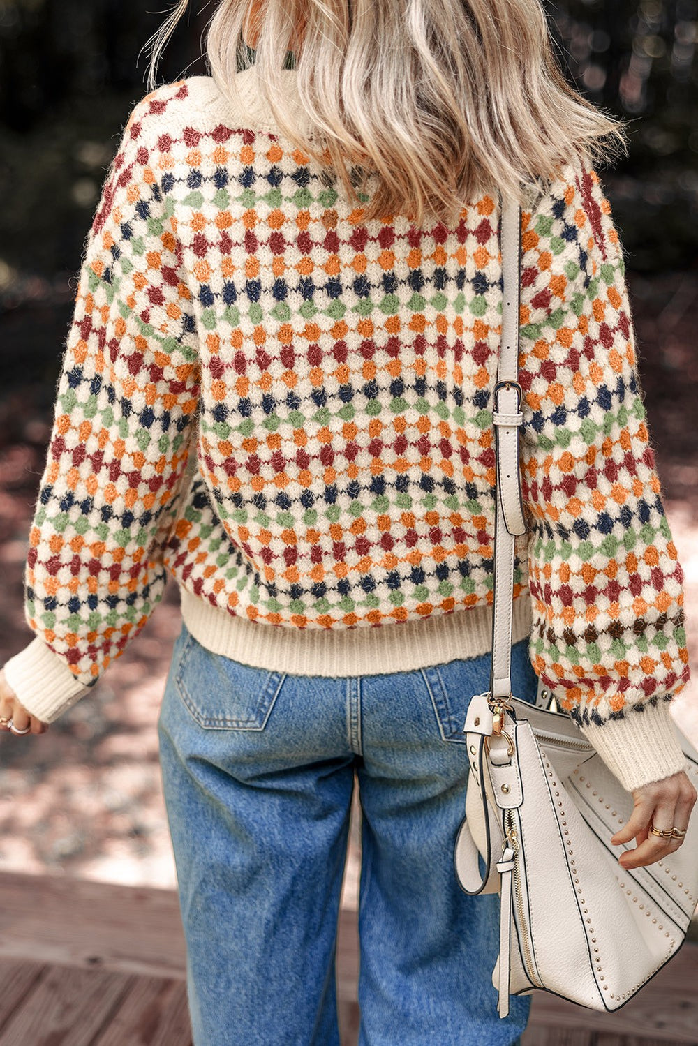 Polka dot knit V-neck button-up cardigan