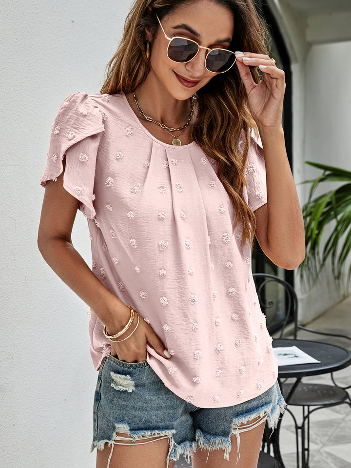 Swiss dot petal sleeve top with pleated round neck