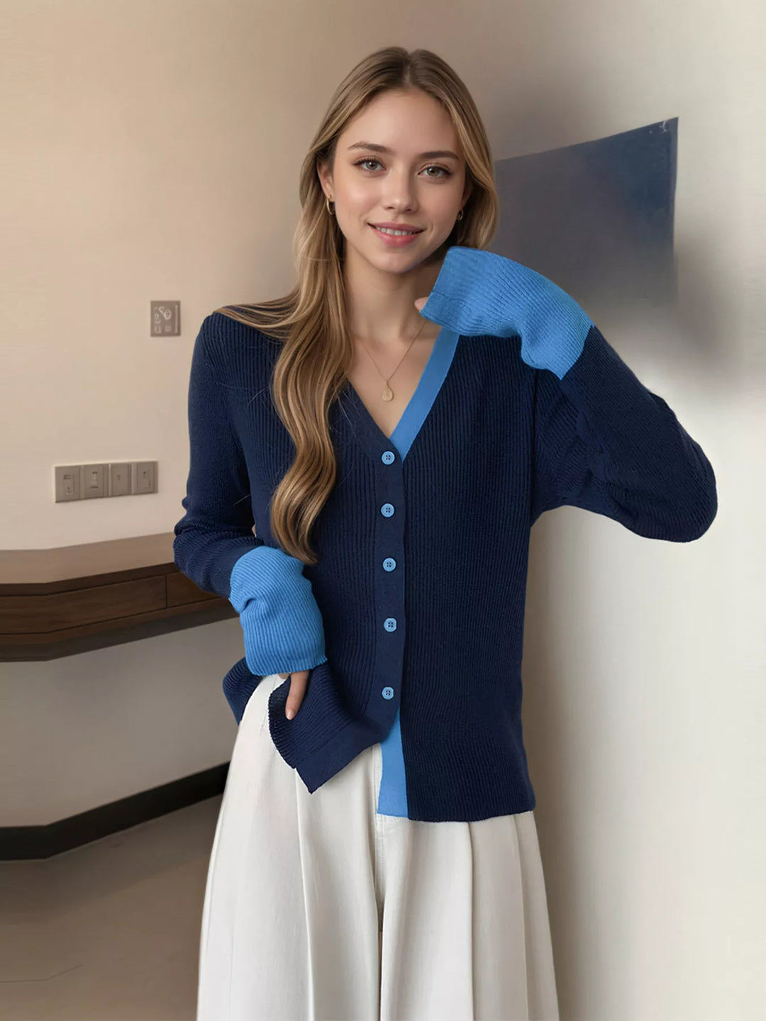 Contrast-trim ribbed knit V-neck button cardigan