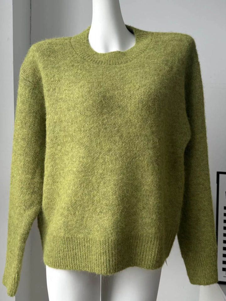 Dropped shoulder brushed knit crew neck sweater