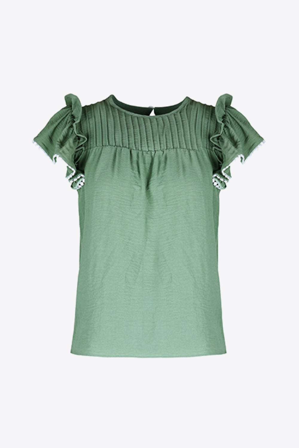 Pintuck pleated flutter sleeve blouse with scalloped trim