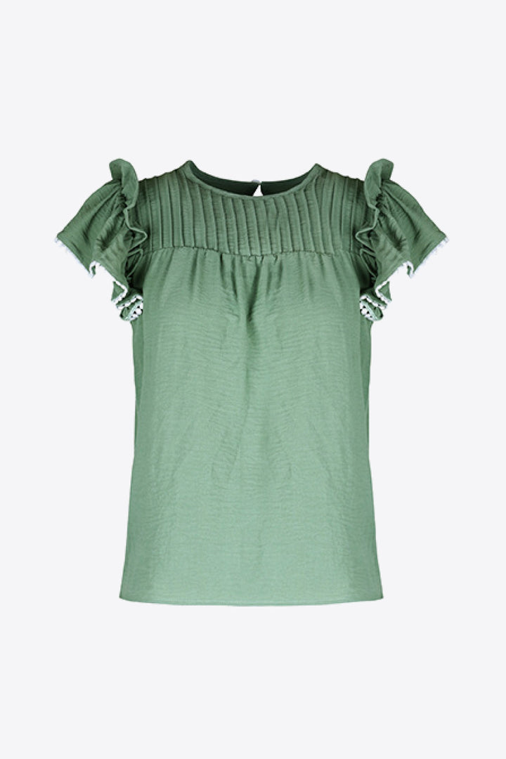 Pintuck pleated flutter sleeve blouse with scalloped trim