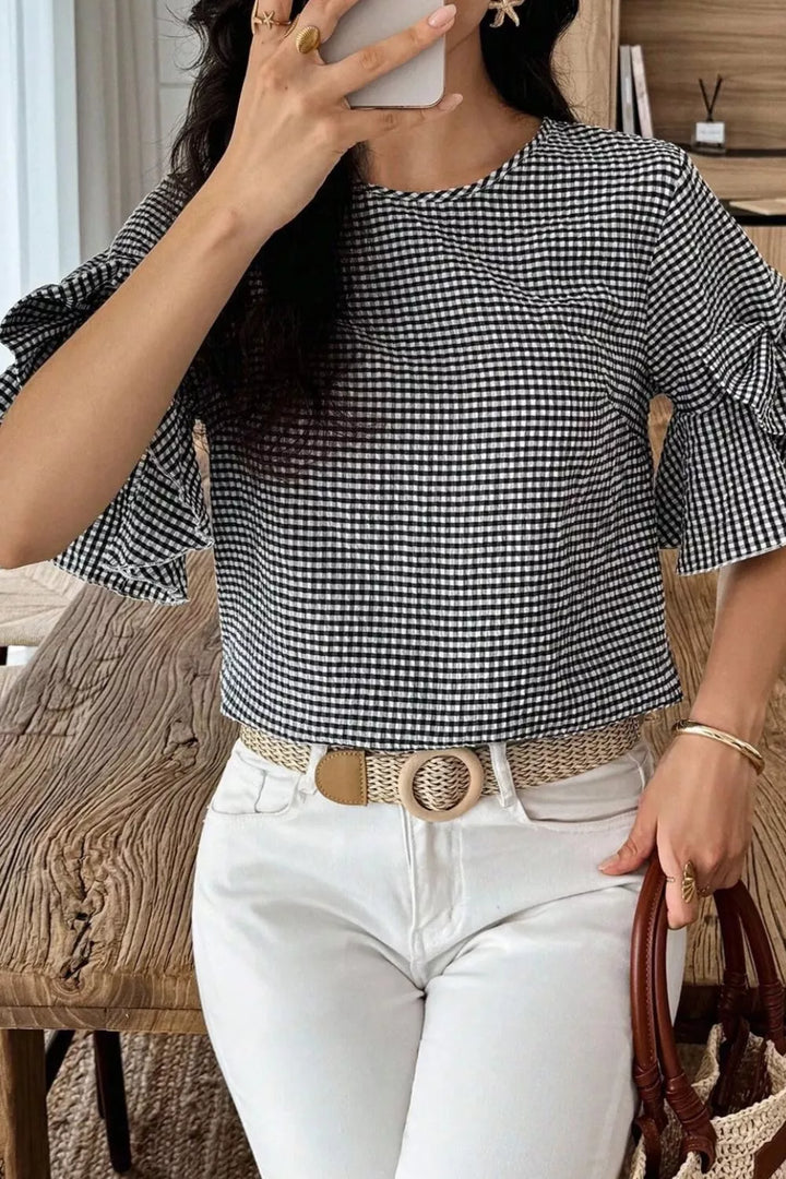 Gingham ruffle half-sleeve crew neck blouse