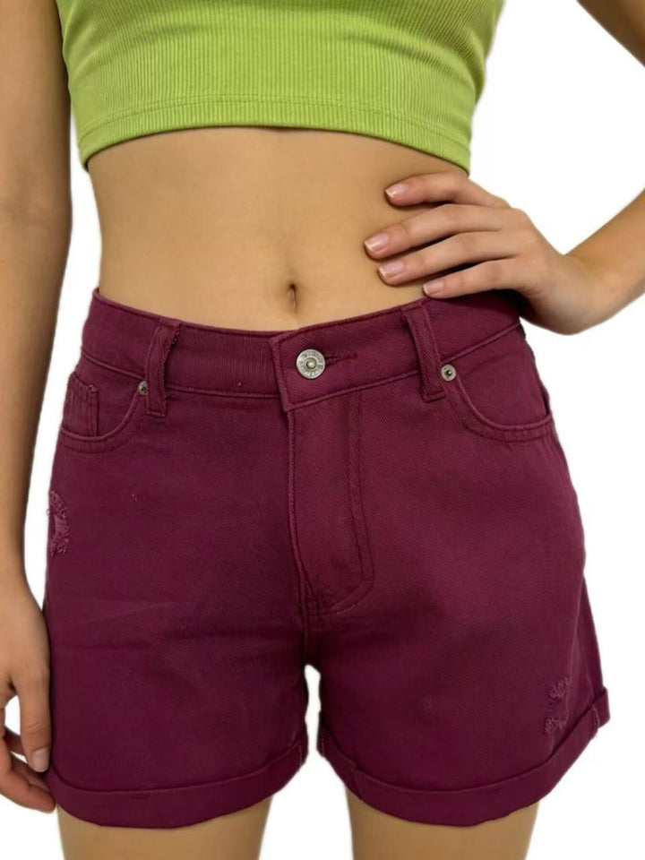 Plum Purple High-rise distressed denim shorts with cuffed hem