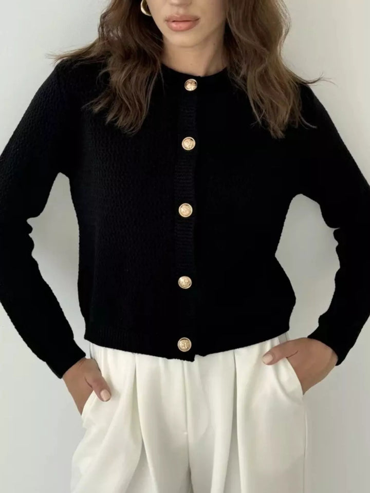 Black Textured waffle-knit button-up cardigan with gold buttons